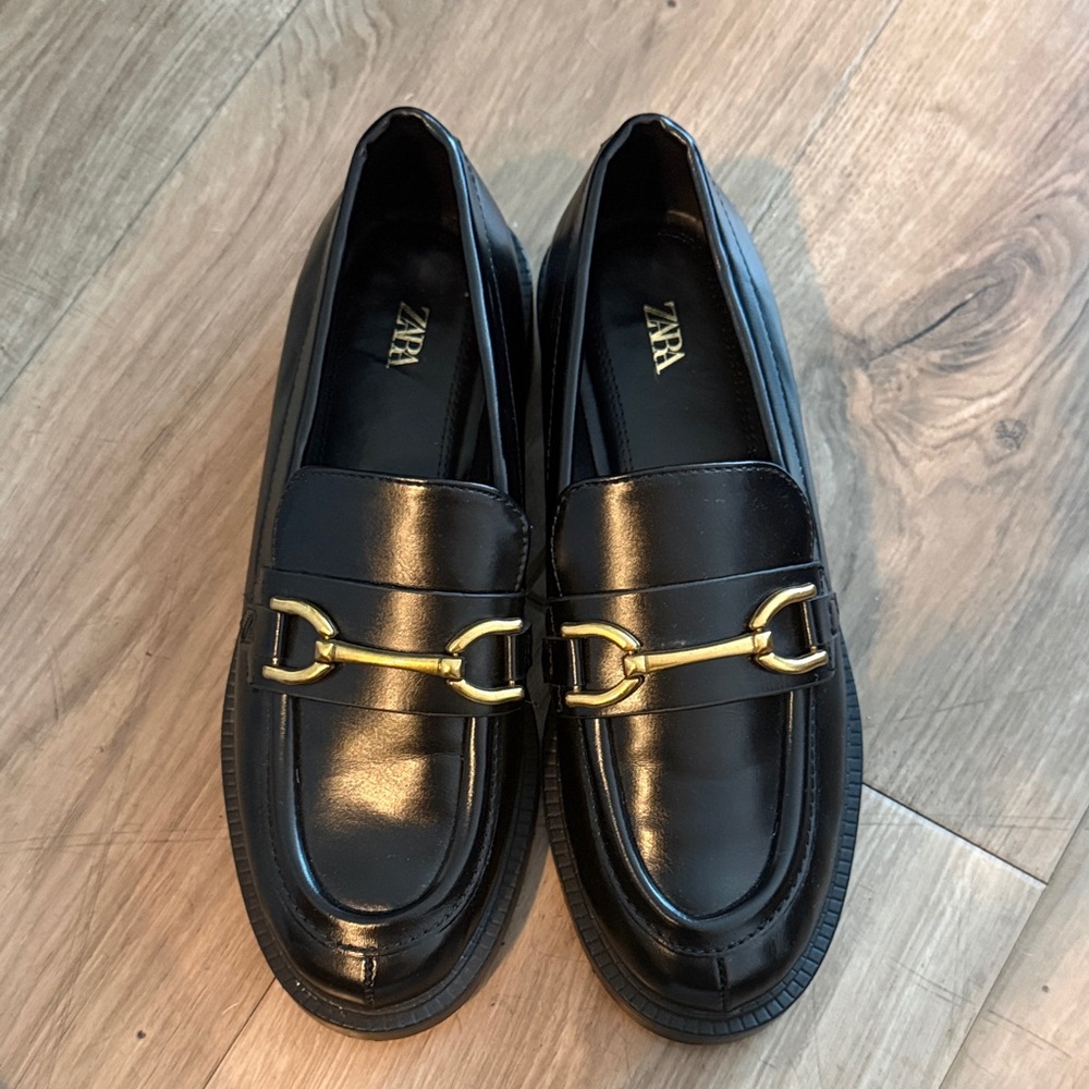 Zara Black Leather Loafers with Gold Bit Accent